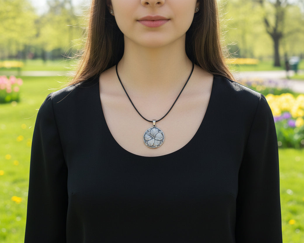 Silver pendant with leaf design on a black cord against a beige background