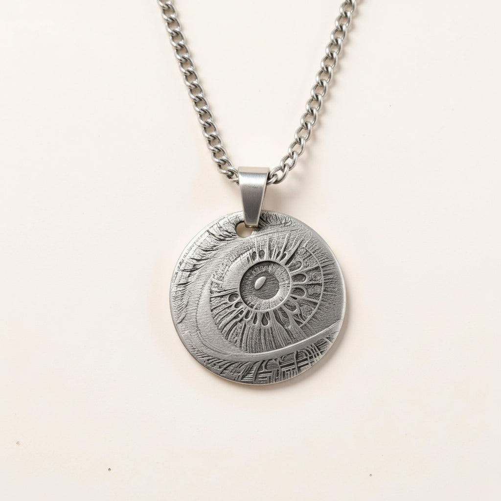 Silver necklace with a detailed pendant on a light beige background