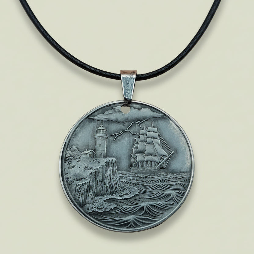 Medallion with ship and lighthouse design on a beige background