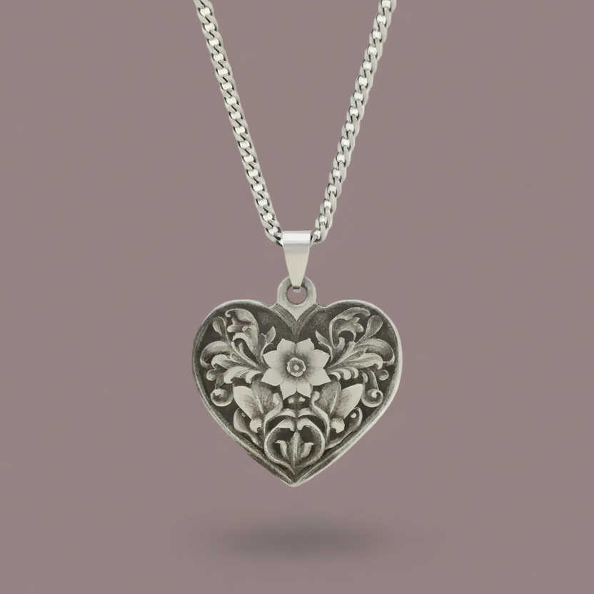 Heart-shaped pendant necklace on a pink background